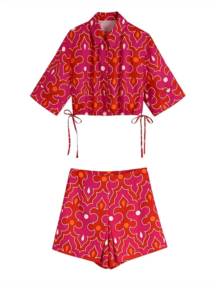 

Fashion Women Red Printed Cropped Shirt Single Breasted Long Sleeve High Waist Shorts 2022 Elegant Female Sets Streetwear