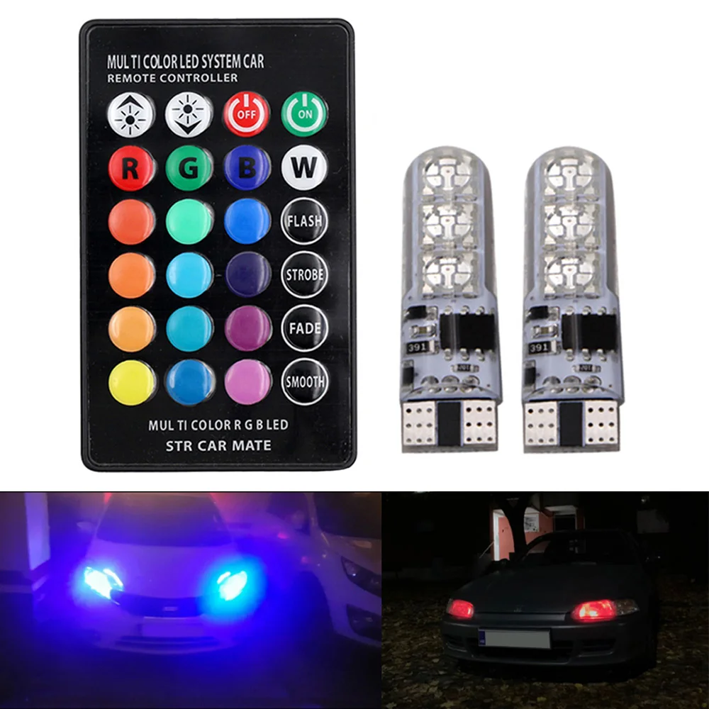 

2Pc 4 Pc T10 Led 194 168 W5W 5050 SMD RGB Car Dome Reading Light Automobiles Wedge Lamp RGB LED Bulb With Remote Controller
