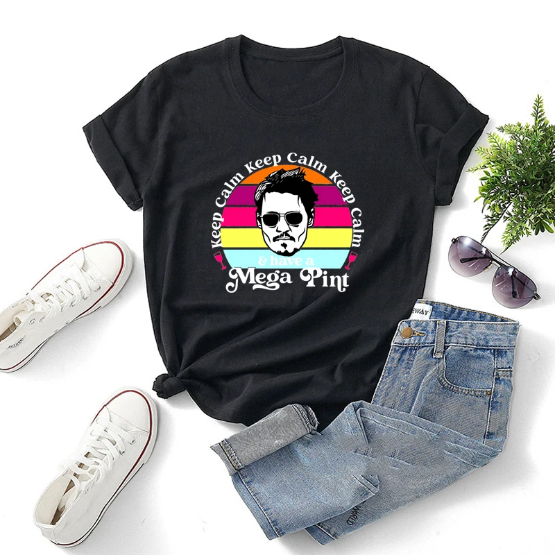

Keep Calm Have A Mega Pint T-Shirt Women Johnny Depp Graphic Print T Shirts Justice for Johnny TShirt Unisex Summer Short Sleeve