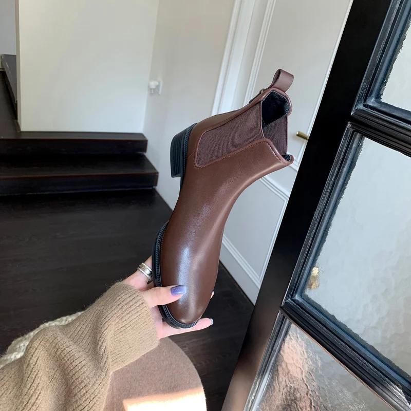 2023 Autumn and Winter New Plush Round Toe Thick Heel Shoes Leather Elastic Boots Chimney Chelsea Short Boots Women's Shoes