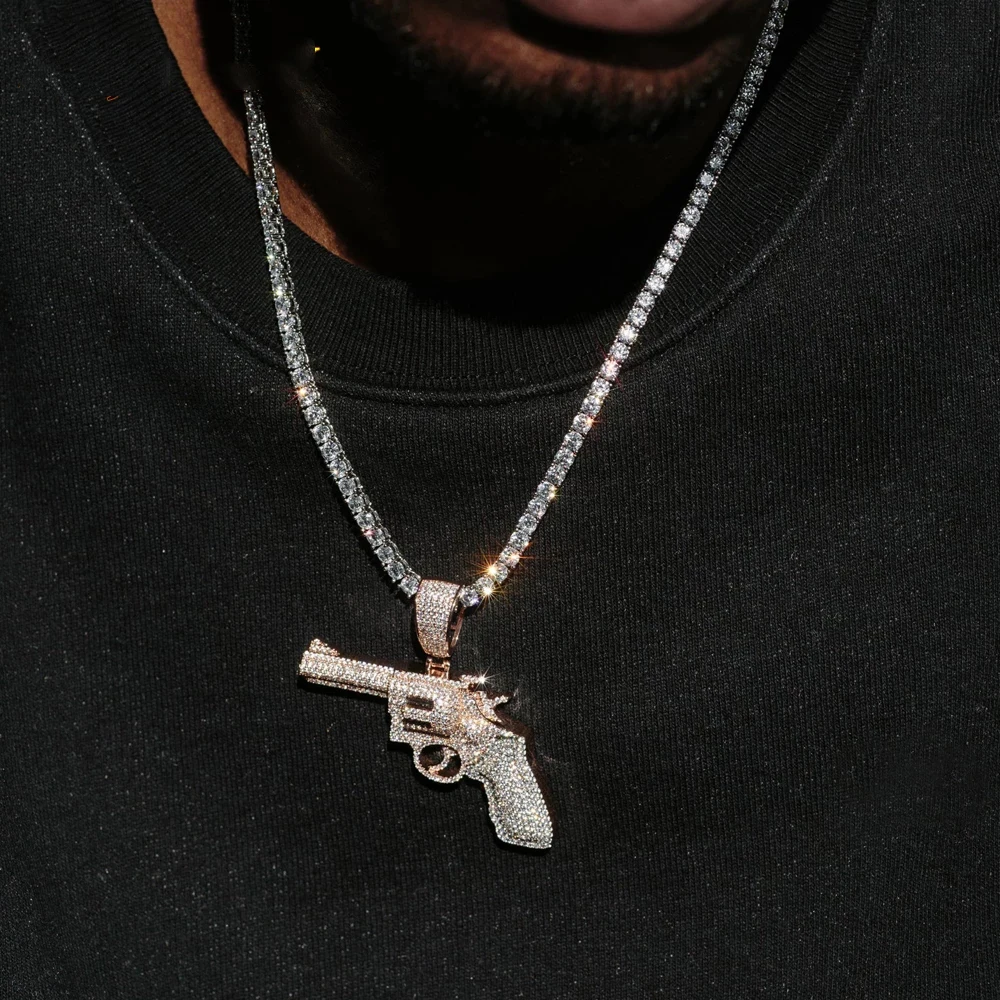 

2023 High Quality Hiphop Iced Out Bling 5A Cubic Zircona Charm Gun Pistol Pendants Necklaces For Men Boy Long Chain Gift Jewelry