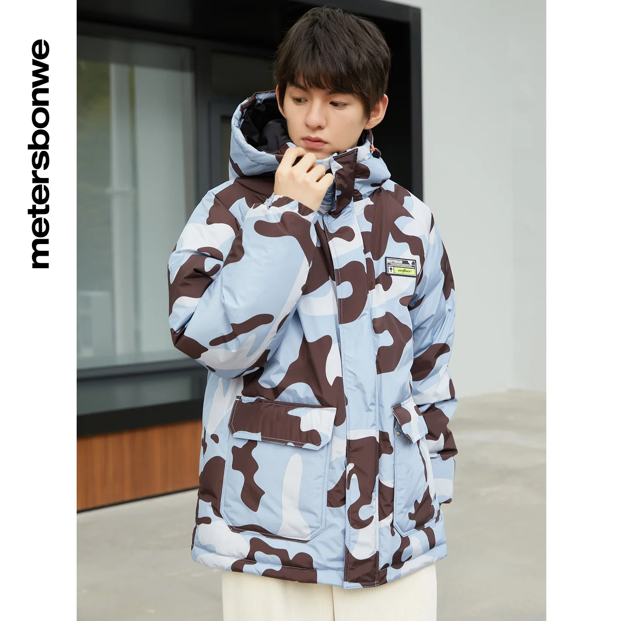 Metersbonwe Camouflage Cargo Hooded Down Jacket For Men Loose 80% Gray Duck Down Jacket Student Young Warm Down Coat