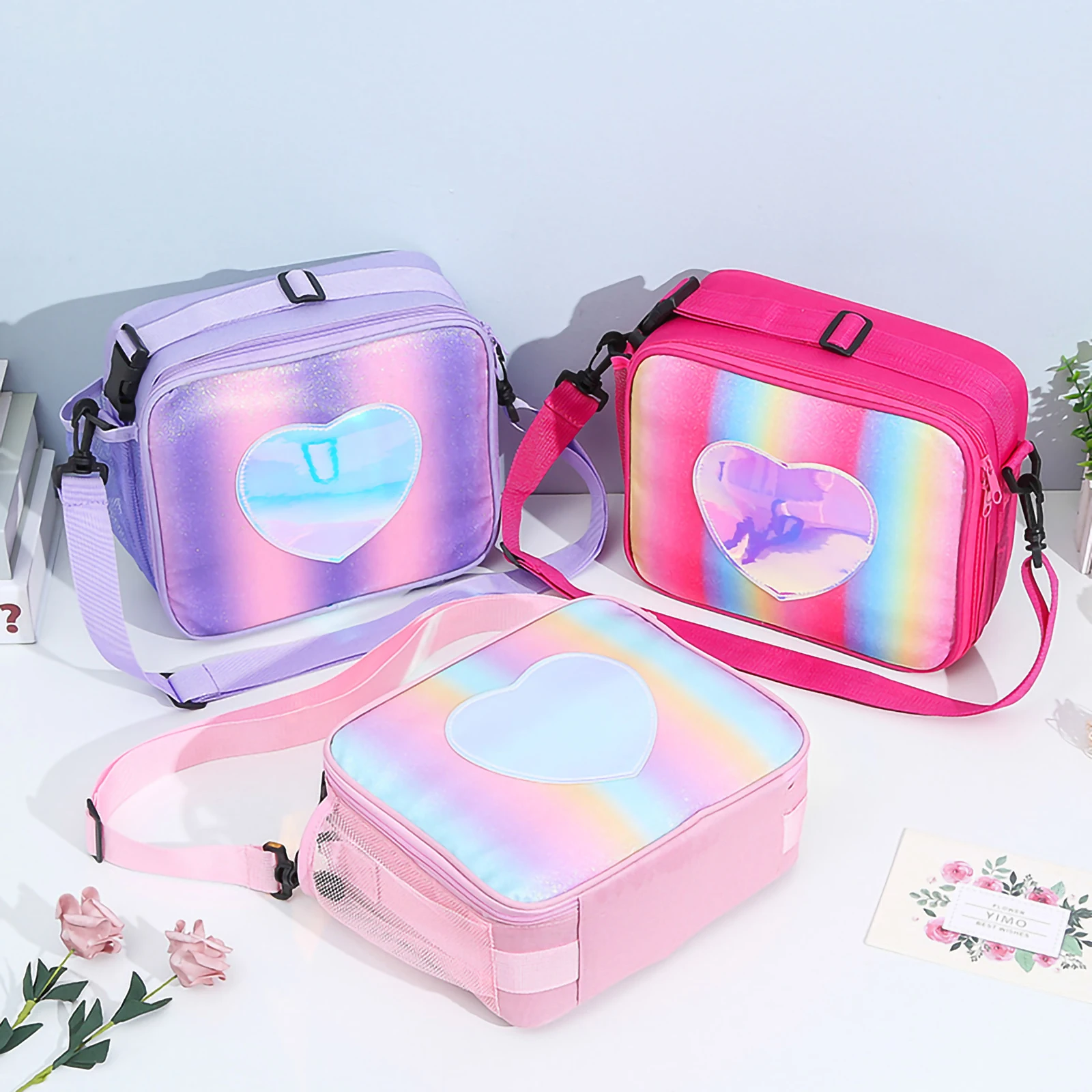 

Fashion Laser Rainbow Lunch Box With Multi-Pocket Leak-proof Insulated Lunch Bag For Women Girls