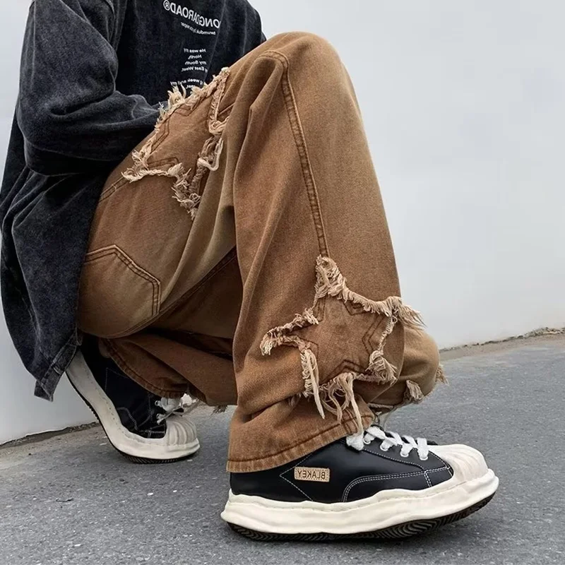 Fashion Stars Towel Embroidery Brown Baggy Men Jeans Pants Y2K Male Clothes Straight Bottoms Hip Hop Trousers Streetwear