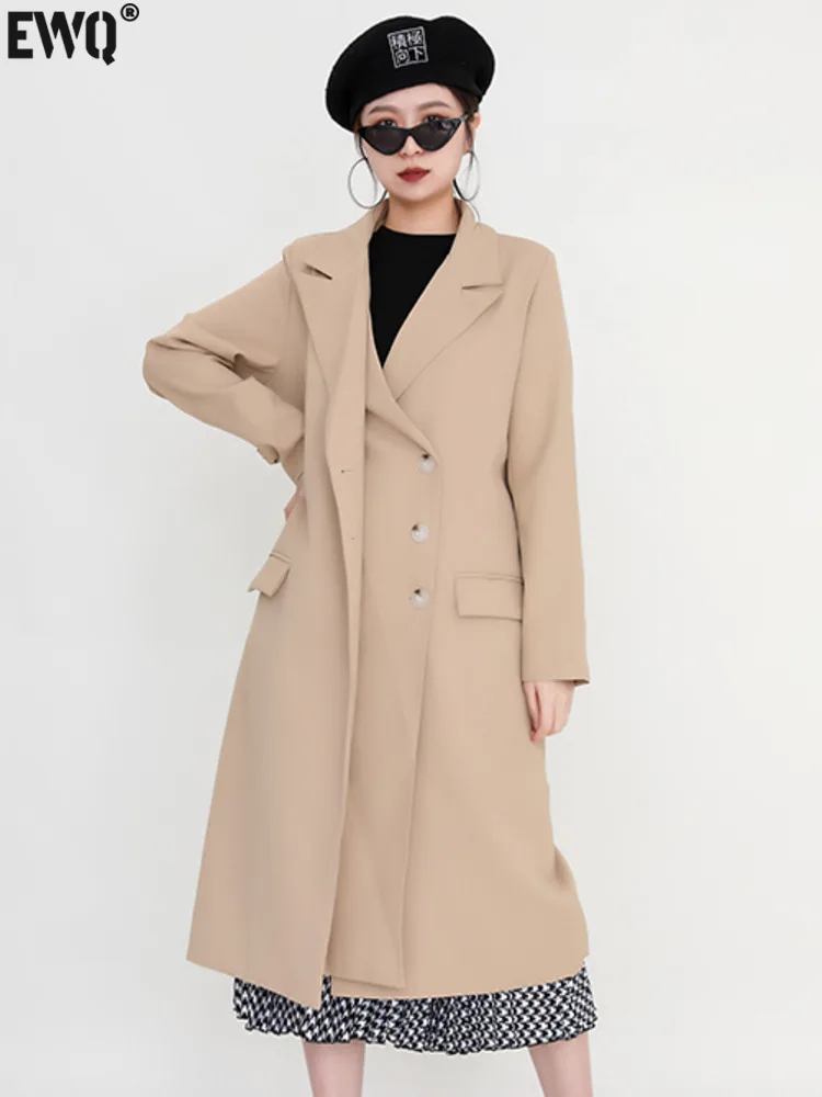 

[EWQ] Long Office Trench Coat Outwear Double Placket Design Women apricot Windbreaker Turn-down Collar 2023 Autumn 16E4543