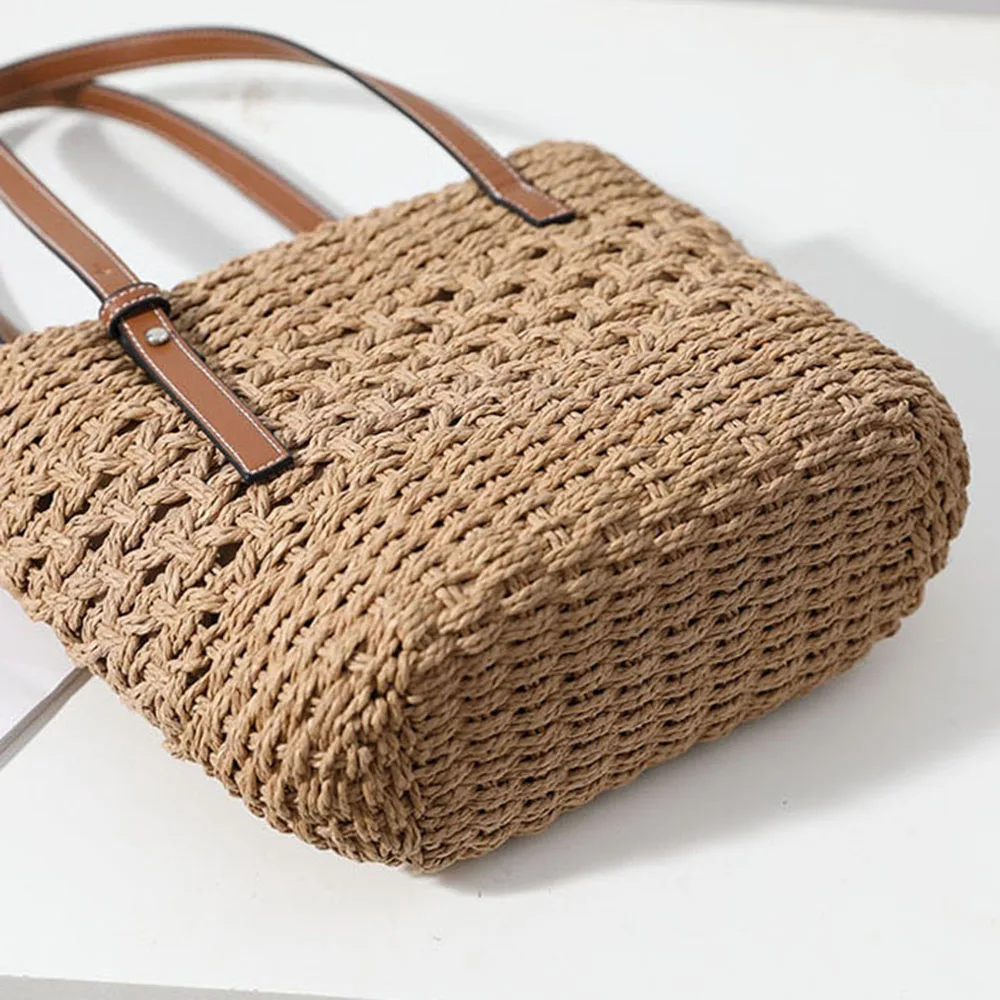 Casual Straw Woven Handbags For Women PU Leather Top-handle Braided Vacation Beach Weave Tote Bag Hollow Out Rattan Satchel