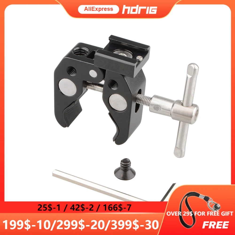 

HDRIG Super Clamp with 1/4" 3/8"Thread Hole Cold Shoe Mount Rod Clamp Pipe Clip for Camera Tripod camera accessories
