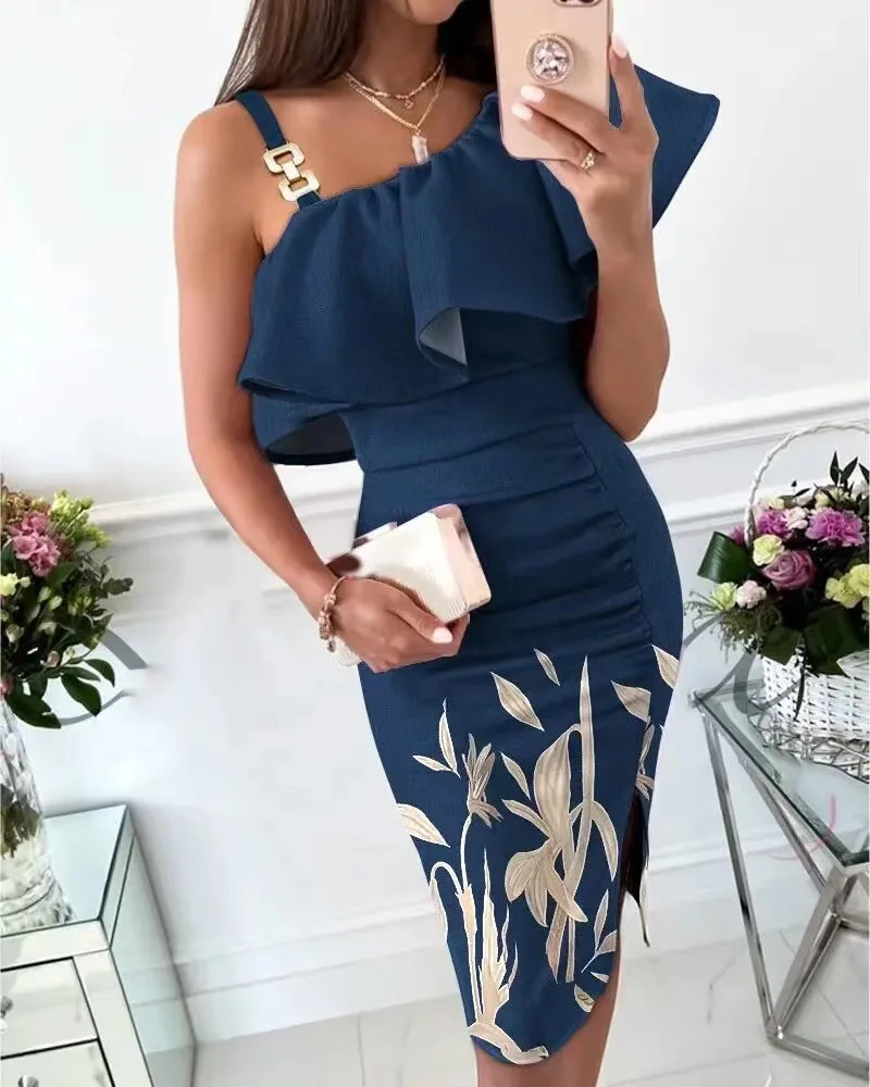 

Elegant Slash Neck Pleated Slim Slit Dress Summer Solid One Shoulder Ruffle Dress Fashion Women Chic Waist Irregular Party Dress