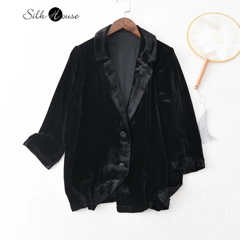 

Designed Silk Velvet Suit Coat Pure Black Casual Women's Autumn Spring Fashionable Commuter Silk Top