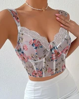 womens tank tops sexy floral print lace crop corset top female slim v neck sleeveless t shirt corsets skinny womens cropped
