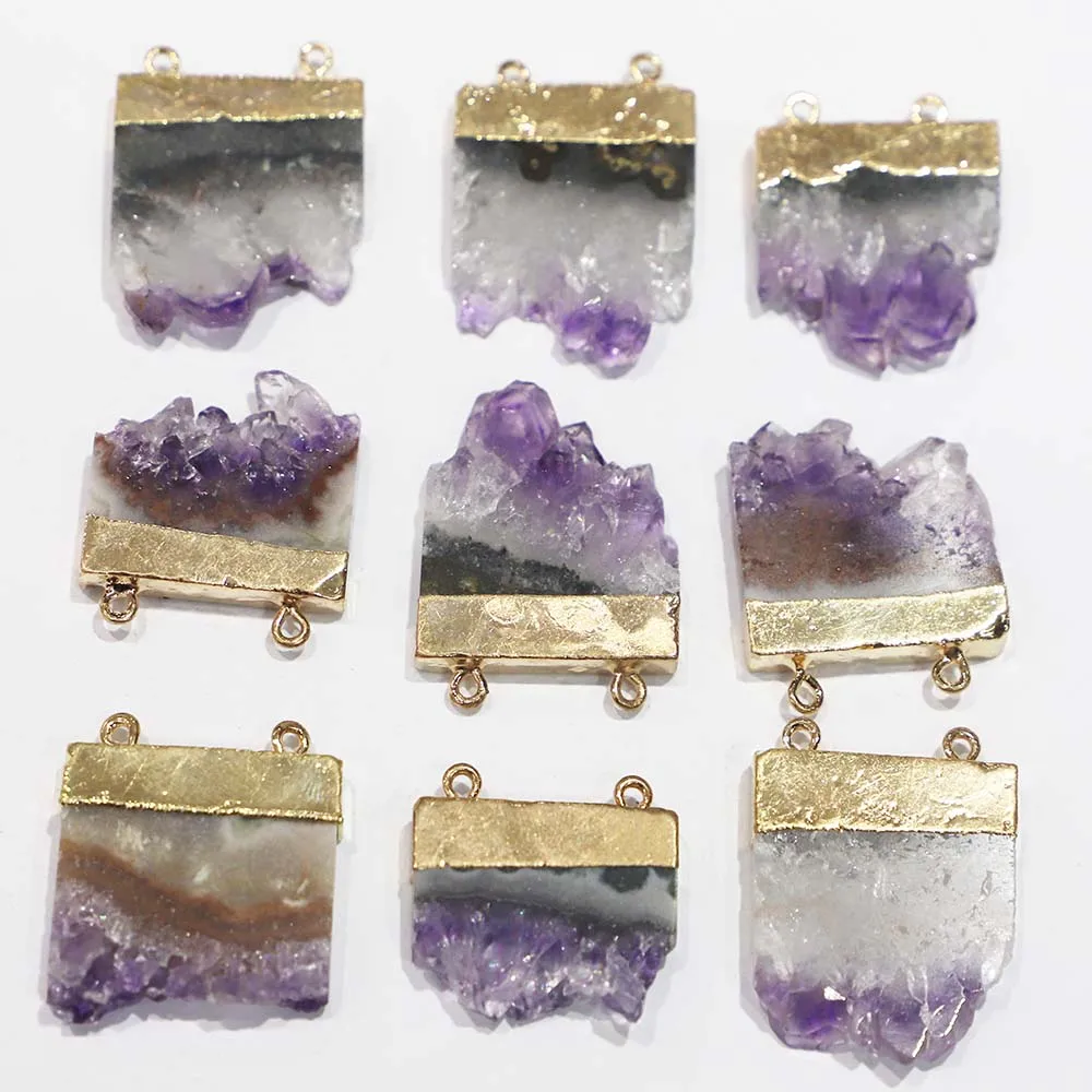 

Reiki Natural Amethyst Pendant, Double Hole Bag Gold Head Irregular Shape, Exquisite Charm Jewelry Making Diy Necklace Accessori