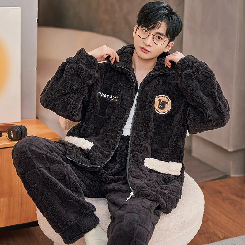 QUHENG Coral Fleece Pajamas Men Set Thicken Warm Autumn Winter Letter Zipper Home Clothes Suits Thick Warm Pijamas Sleepwear