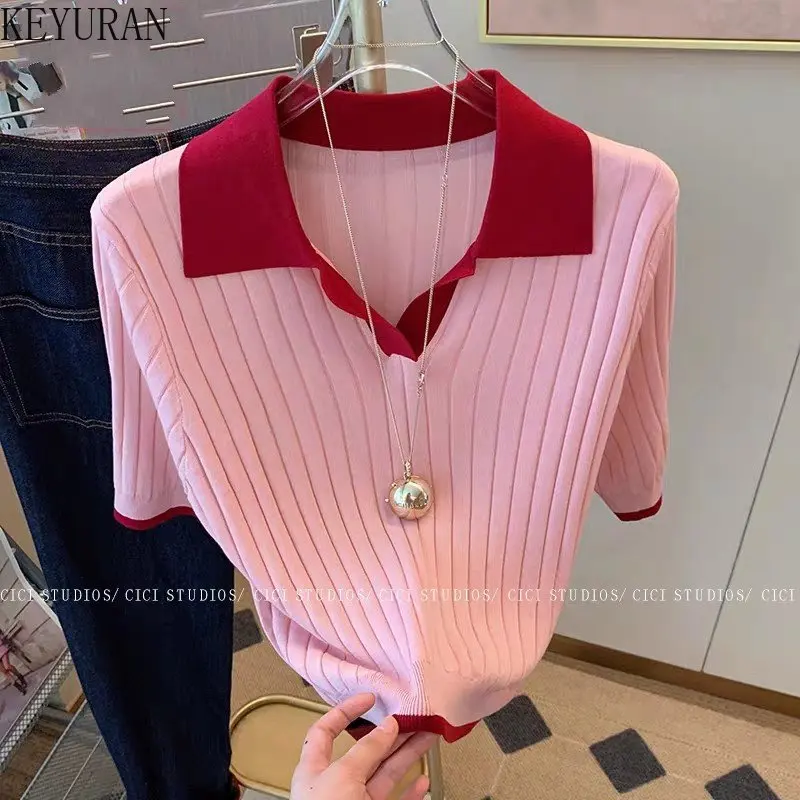 

Женский трикотажный свитер с коротким рукавом, повседневный пуловер с отложным воротником, топы популярных цветов, Новинка лета 2023