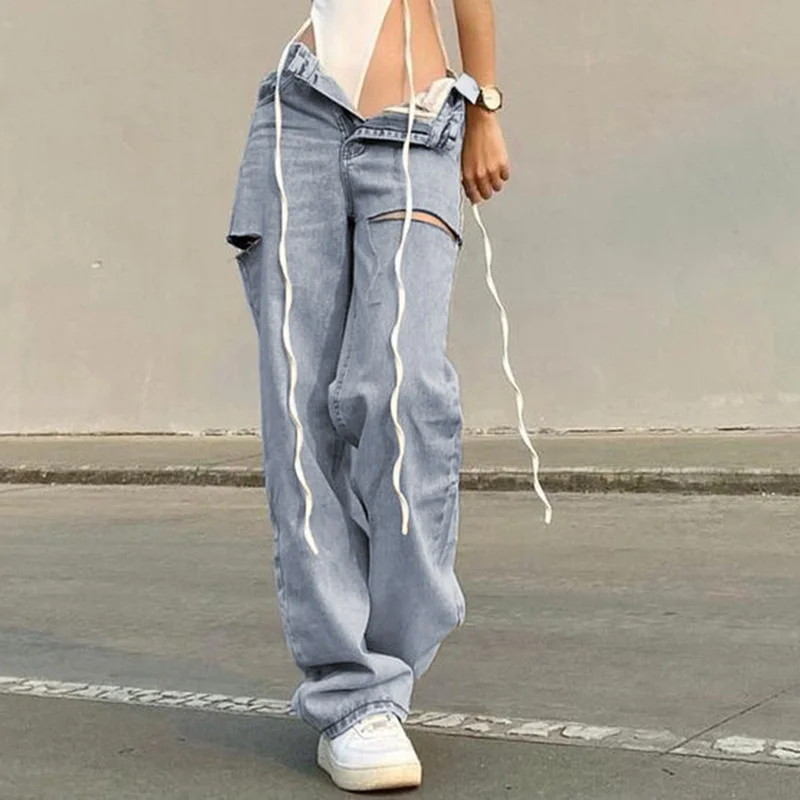 

2022 Summer New Fashion Street Asymmetric Hole Denim Cargo Pants