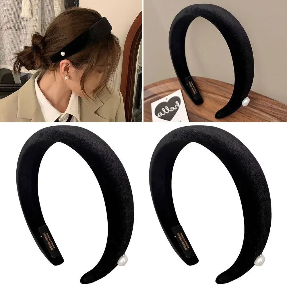 

Women Wide-brimmed Elegant Black Hair Headdress Hair Hoop Headhoop Pearl Headband