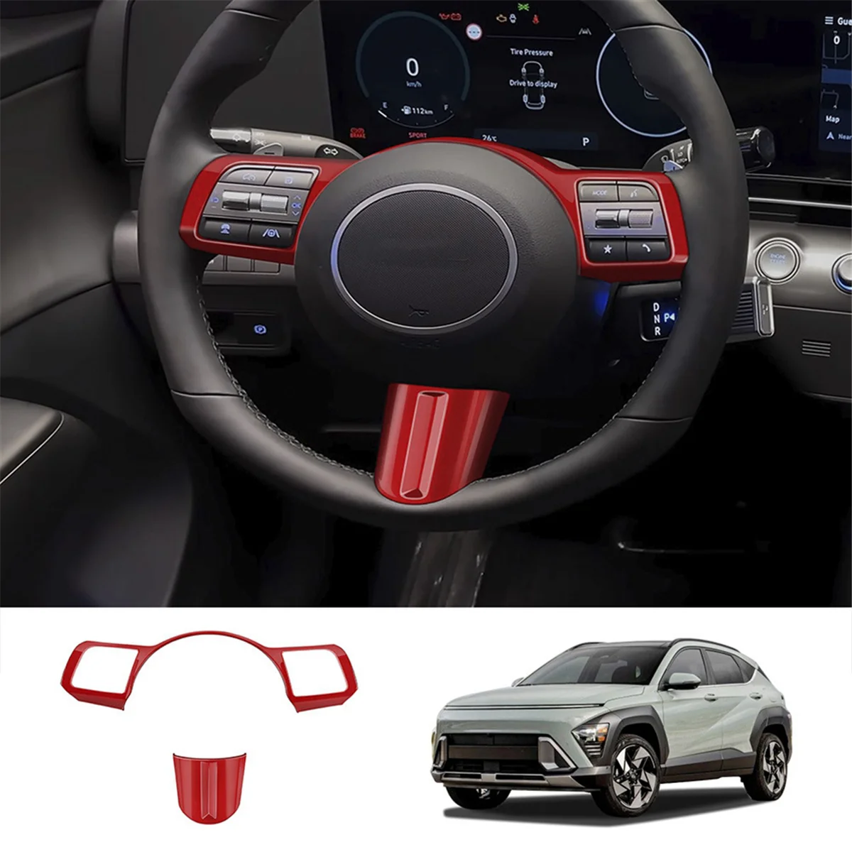Фото Автомобильный руль, декоративная крышка, накладка, аксессуары для Hyundai KONA 2024+, автомобильные аксессуары, красный №3