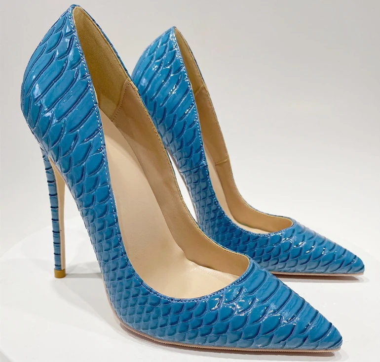 

sexy Thin stilettos heels pointed toe slip on extremely high heel party 10cm 8cm big size elegant sexy blue serpentine pumps