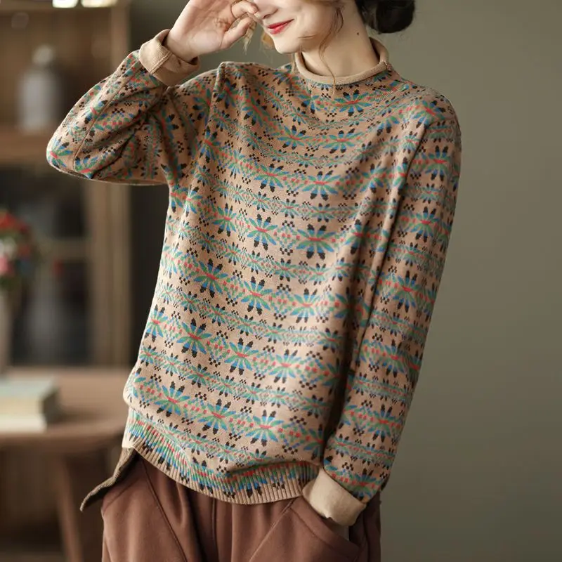 

Retro floral cotton thread knit sweater for women loose long sleeved pullover with bottom layer top for spring sweater pullover
