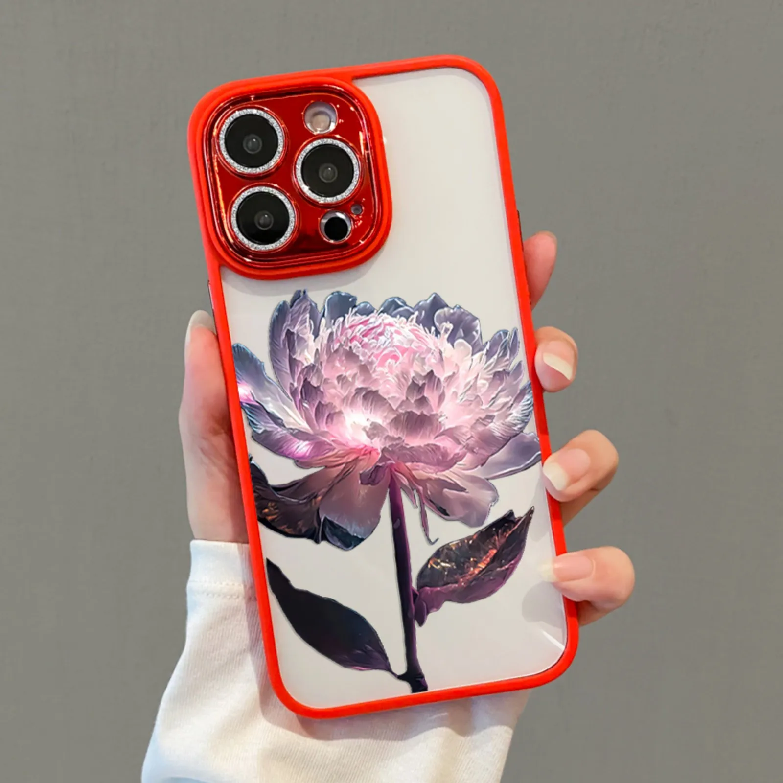 

Peony Diamond Lens Protection No Yellowing Phone Case For iPhone 14 13 12 11 Pro Max + Plus Protector Cover Fall Dirt Resistant