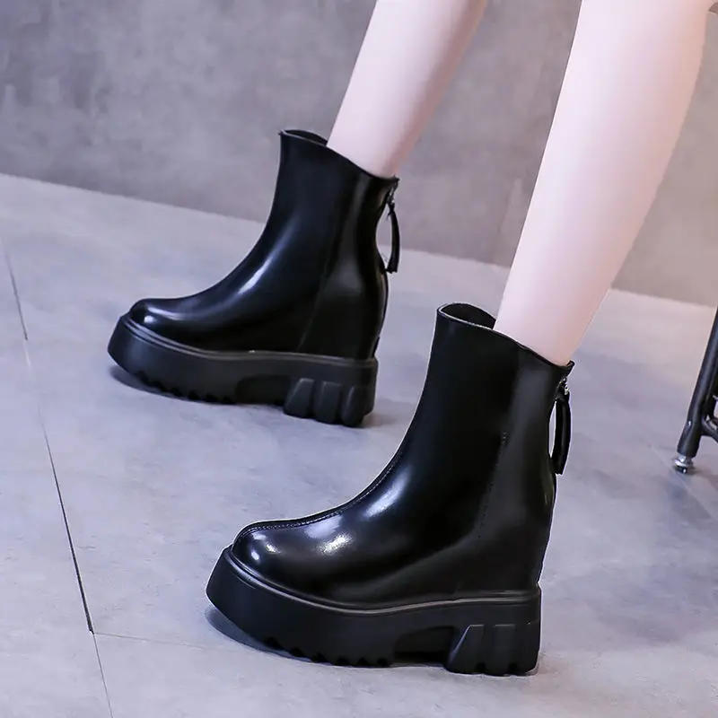 

Ботильоны женские на высокой платформе, кожаные ботинки на танкетке, на толстой подошве, роскошная черная обувь на молнии