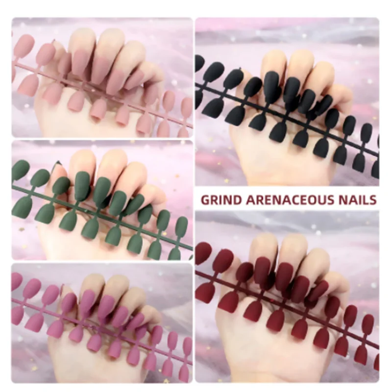 

24pcs Frosted solid color False Nails With Glue Type Long Paragraph Fashion Manicure Patch Full Cover Wearable Coffin Fake Nails