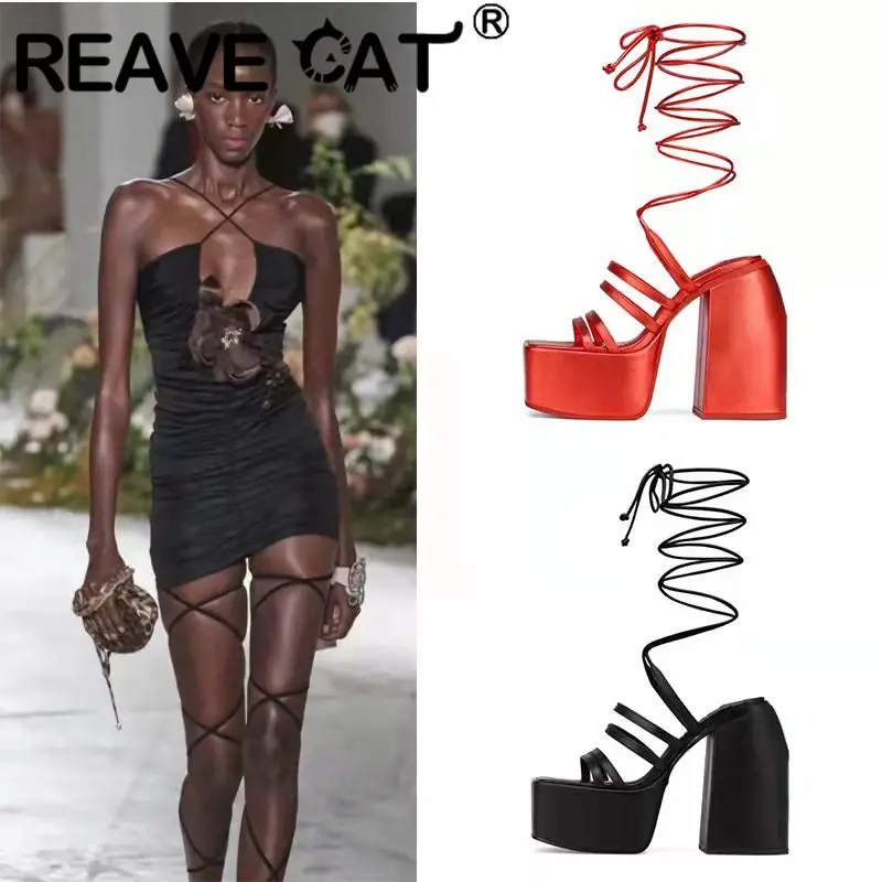 

REAVE CAT Fashion Lady Shoes Sandals Square Toe Block Heel Crossover Strap Lace-up Platform Big Size 34-43 Red Black Party S4009