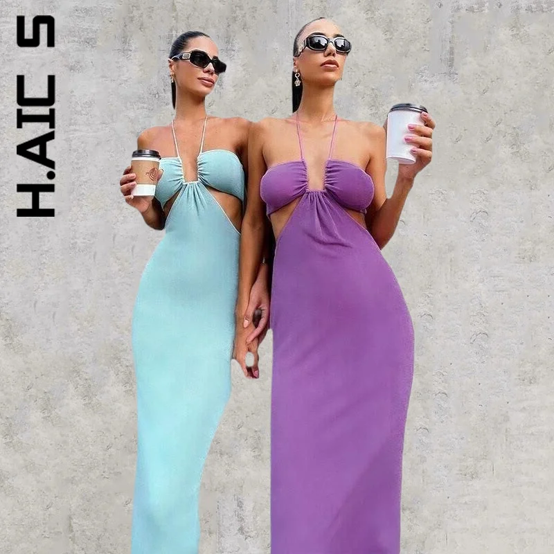 

H.Aic S Dress New Women Backless Corset High Waist Split Slim Halter Cut Out Midi Dress All-Match Vestidos Dress Woman