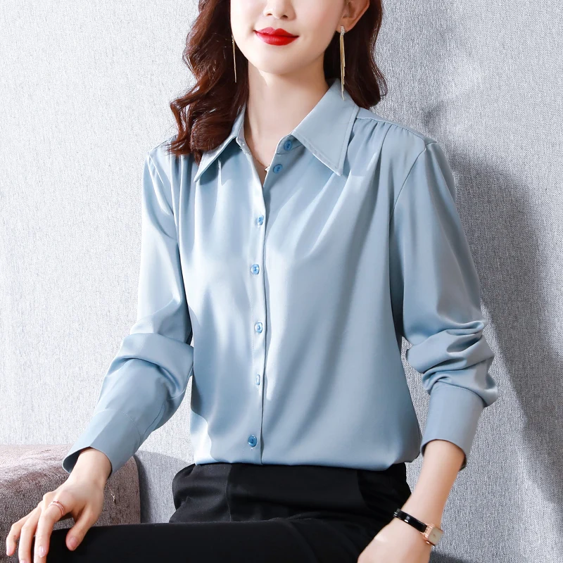 

Spring Korean Fashion Women Button Up Shirt Elegant Silk Office Lady Women Blouses White Woman Shirts Long Sleeve Women Tops