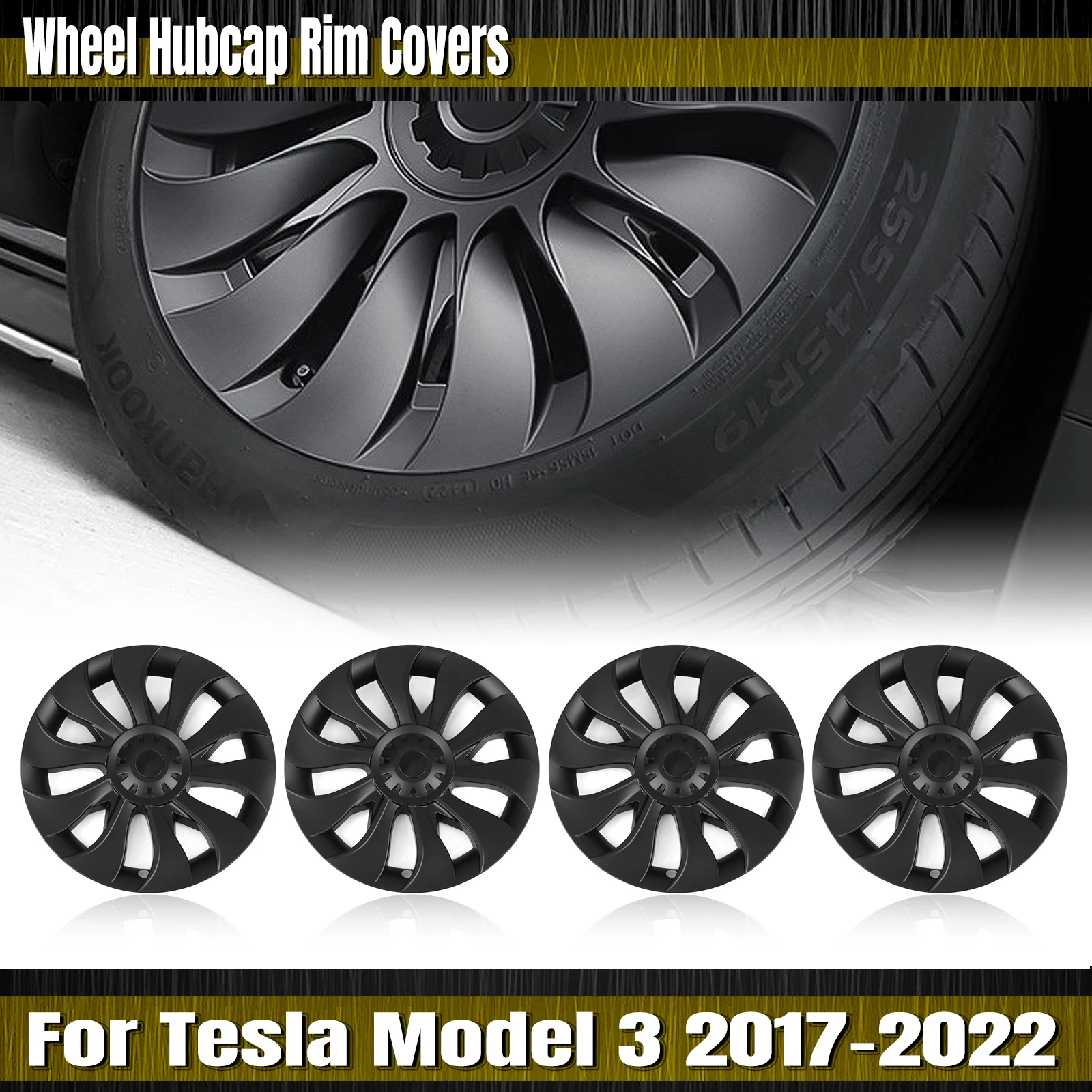 

18" Wheel Cover Hubcaps Rim Cover For Tesla Model 3 2017-2023 Whirlwind Style DIY 18 Inch Matte Black Car Hub Caps