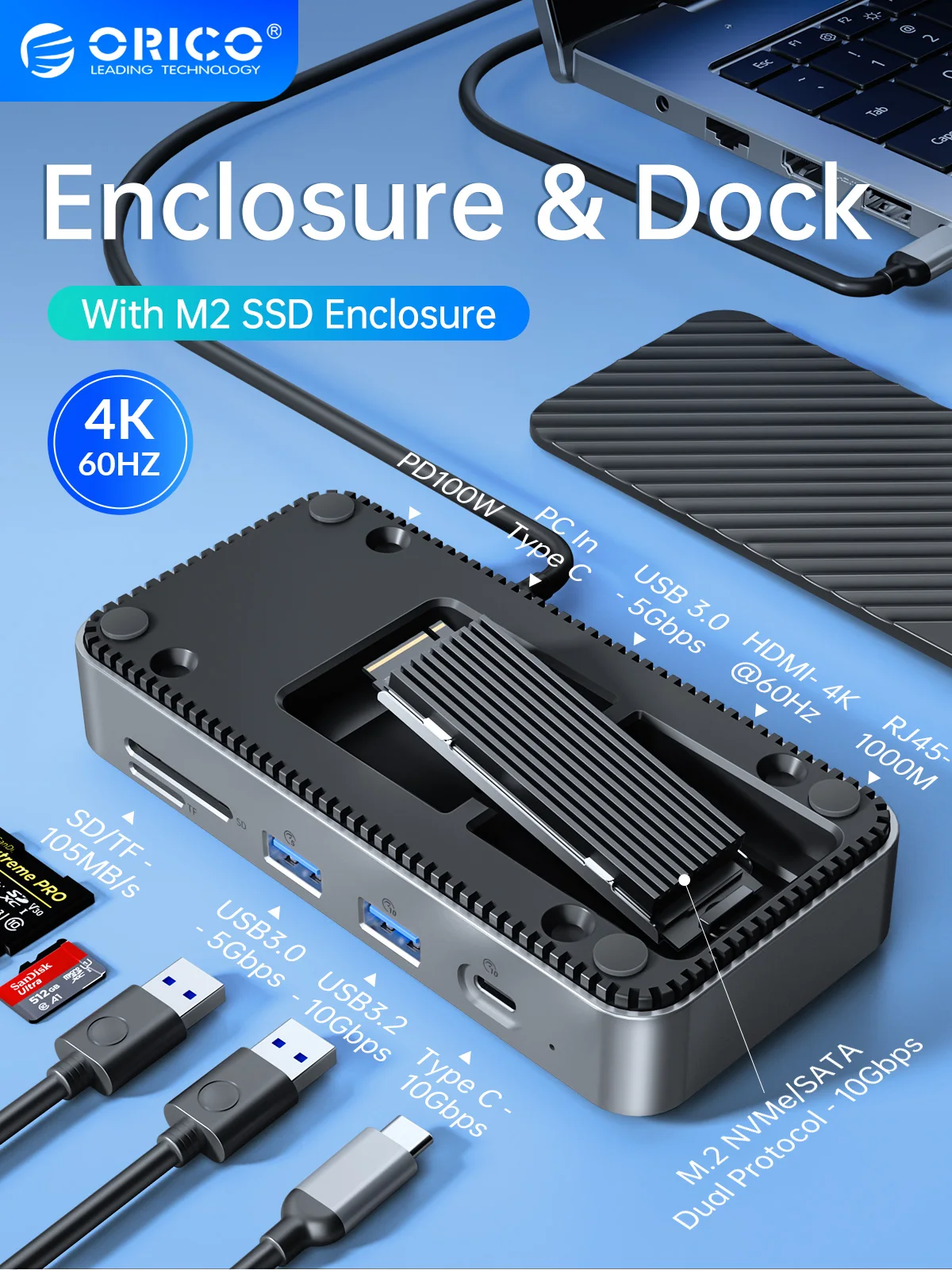Док-станция ORICO M.2 SSD корпус 10 Гбит/с RJ45 SD/TF 4K 10 в 1 док-станция для ноутбука Macbook Pro компьютерные аксессуары
