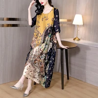 2022 print mulberry silk midi dress summer new elegant loose waist plus size dress women korean vintage casaul party dress