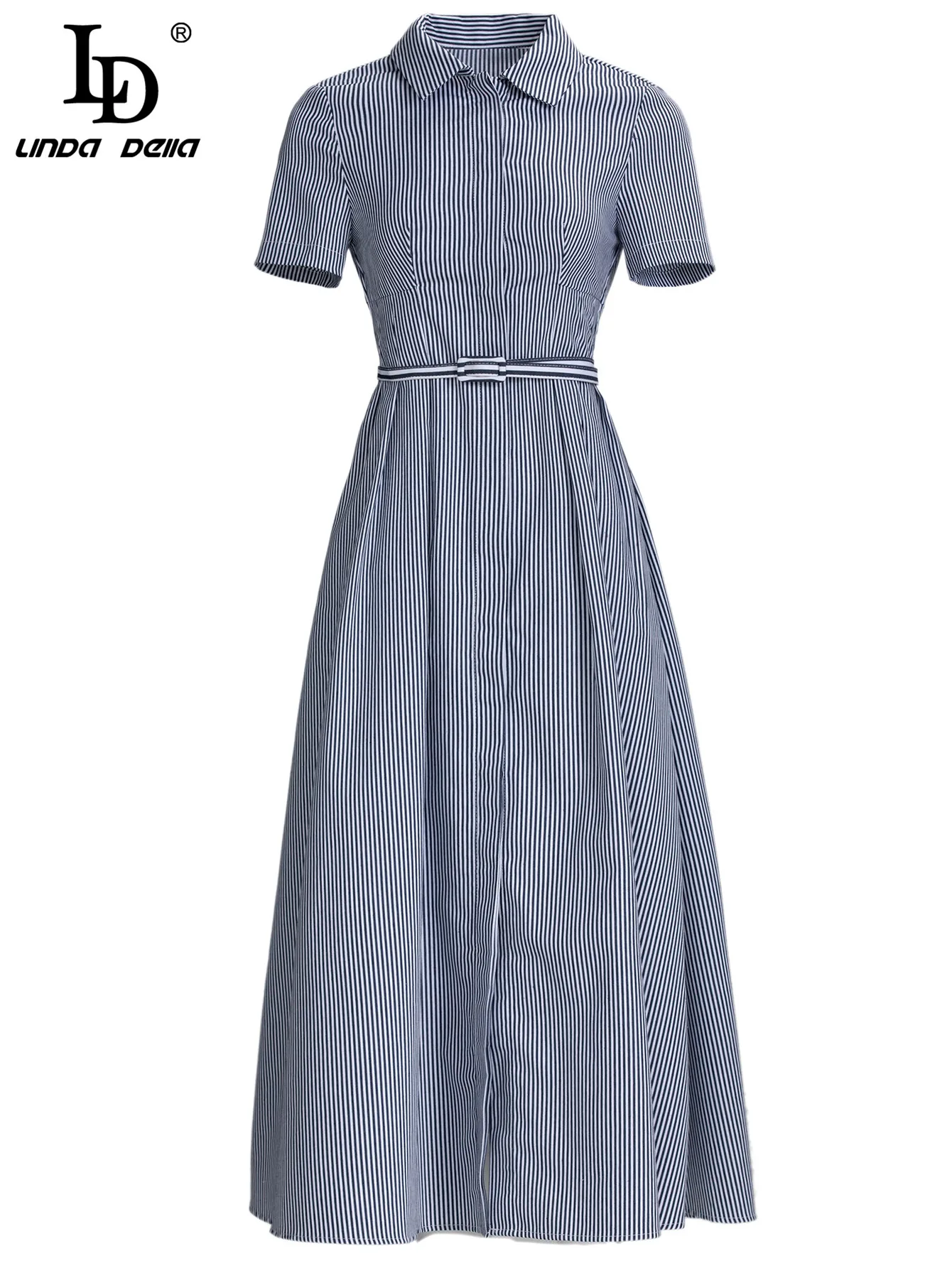 LD LINDA DELLA Fashion Designer Summer Dress Women Turn-down Collar Sashes Blue stripe print Office Lady casual Midi Dress