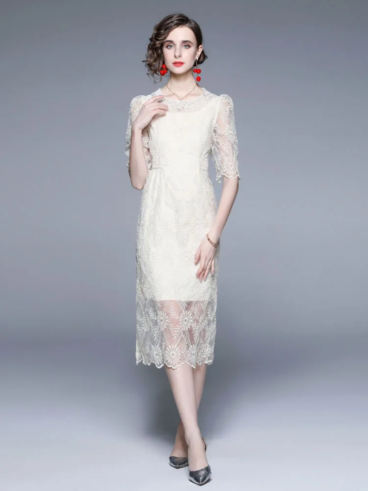 

Летнее женское платье 2022, модное облегающее универсальное кружевное платье со средней талией, круглым вырезом и рукавом до локтя, B87