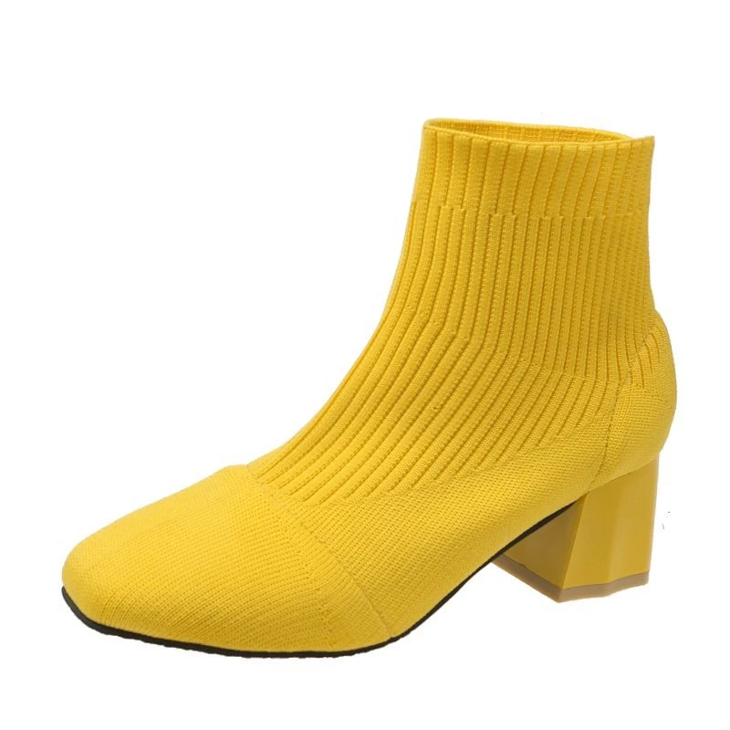 

Women's Stretch Sock Boots Square Heel Yellow Knit Shoes Stretch Cotton Boots Ladies Thick Heel Platform Shoes