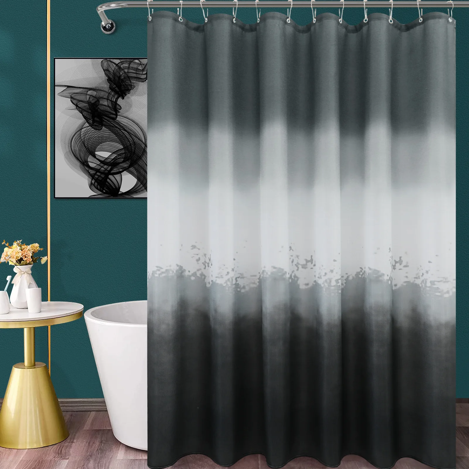 

Splash Ink Polyester Shower Curtain with Stainless Grommet and Hooks Bathroom Waterproof Waffle Weave Partition Cloth Quick Dry