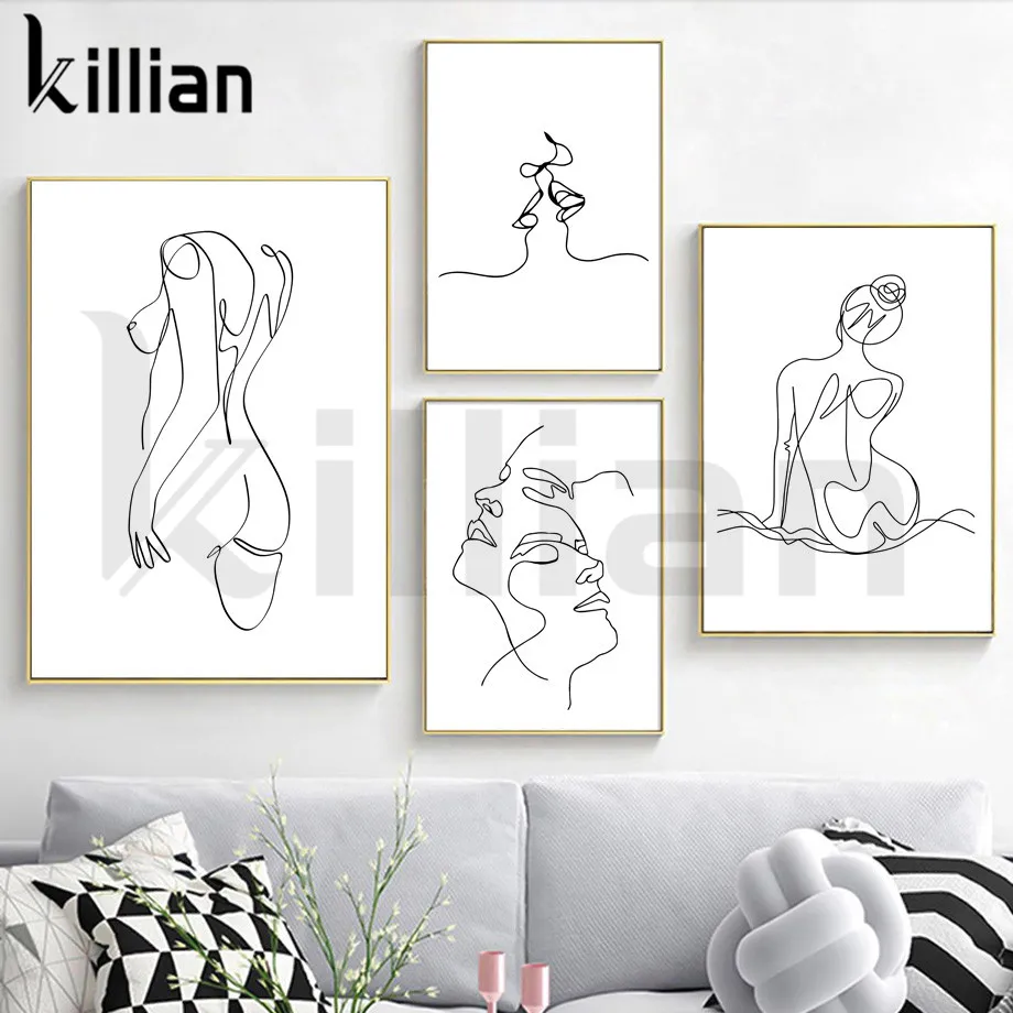 

Black and White Abstract Line Couple Portrait Sexy Woman Rose Wall Art Canvas Painting Poster Print for Living Room Simple Decor