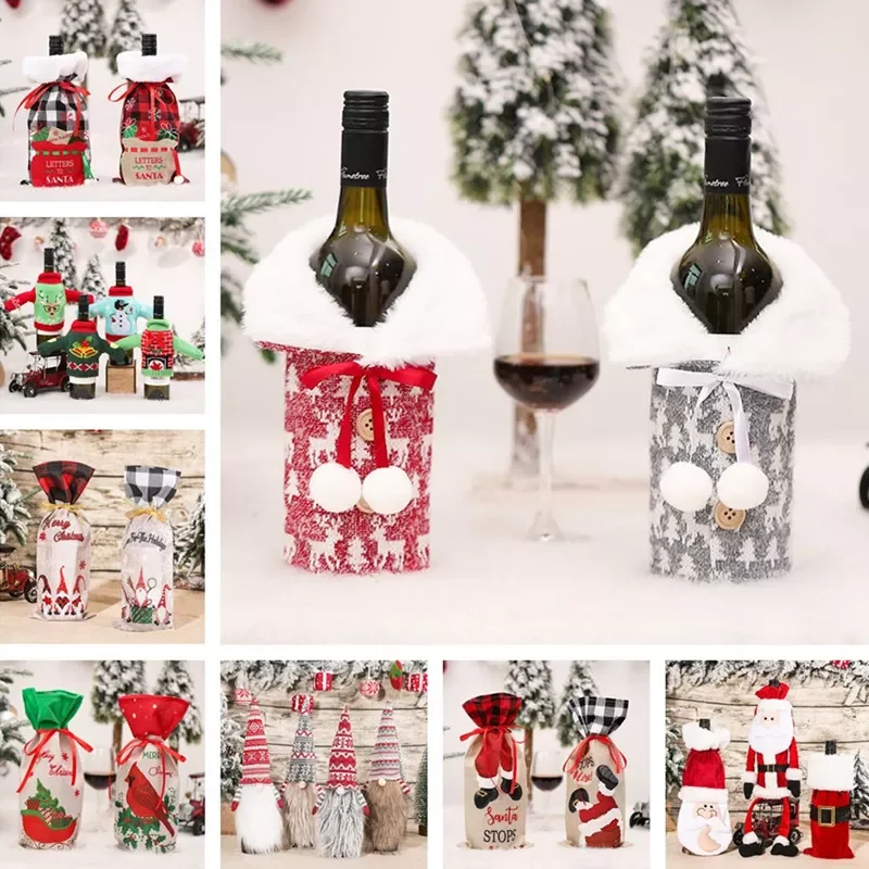 

New Year 2022 Gift Newest Christmas Wine Bottle Dust Cover Noel Christmas Decorations for Home Navidad 2021 Dinner Table Decor