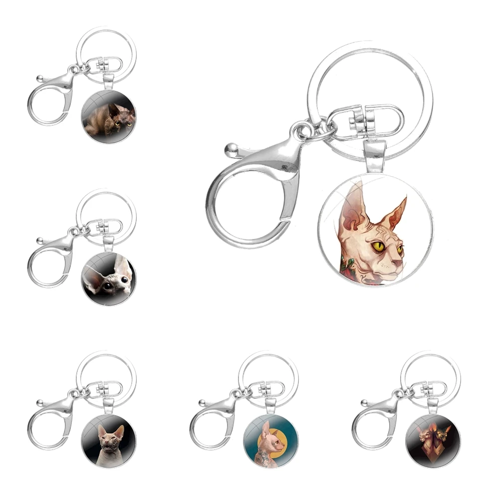 

Keychains Handmade Glass Cabochon Alloys Key Rings Pendants Car Key Chains Trinkets Tattoo Sphinx Cat Fashion Cartoon Lover Cute