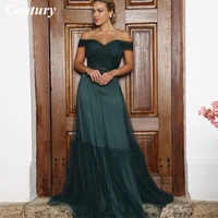 century dark green evening gown tiered tulle prom dresses pleat off the shoulder formal prom gown long women evening party dress