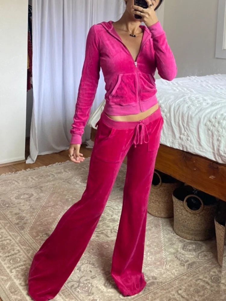 

Женский бархатный повседневный костюм из 2 предметов, толстовка на молнии и штаны, спортивный костюм, женский однотонный костюм с капюшоном y2k, 2022