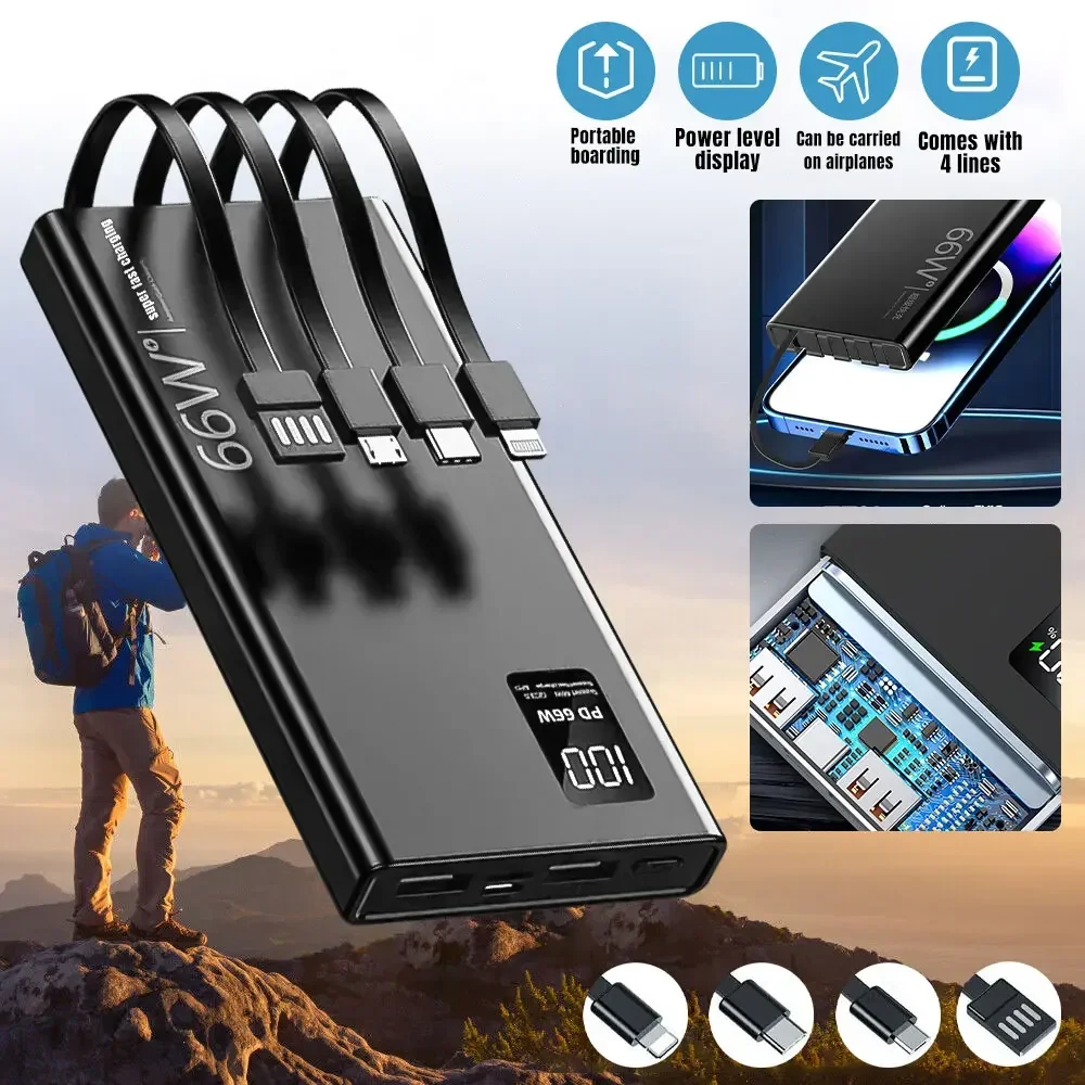 Фото Power Bank 100000 мАч для Xiaomi iPhone Samsung 66 Вт, сверхбыстрая зарядка для 22,5 Вт, встроенный 4 кабеля, портативный цифровой внешний аккумулятор №1