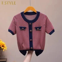 runway summer korean knitted womens plaid single breasted elegant o neck fashion short sleeved pullovers t shirt sweater top