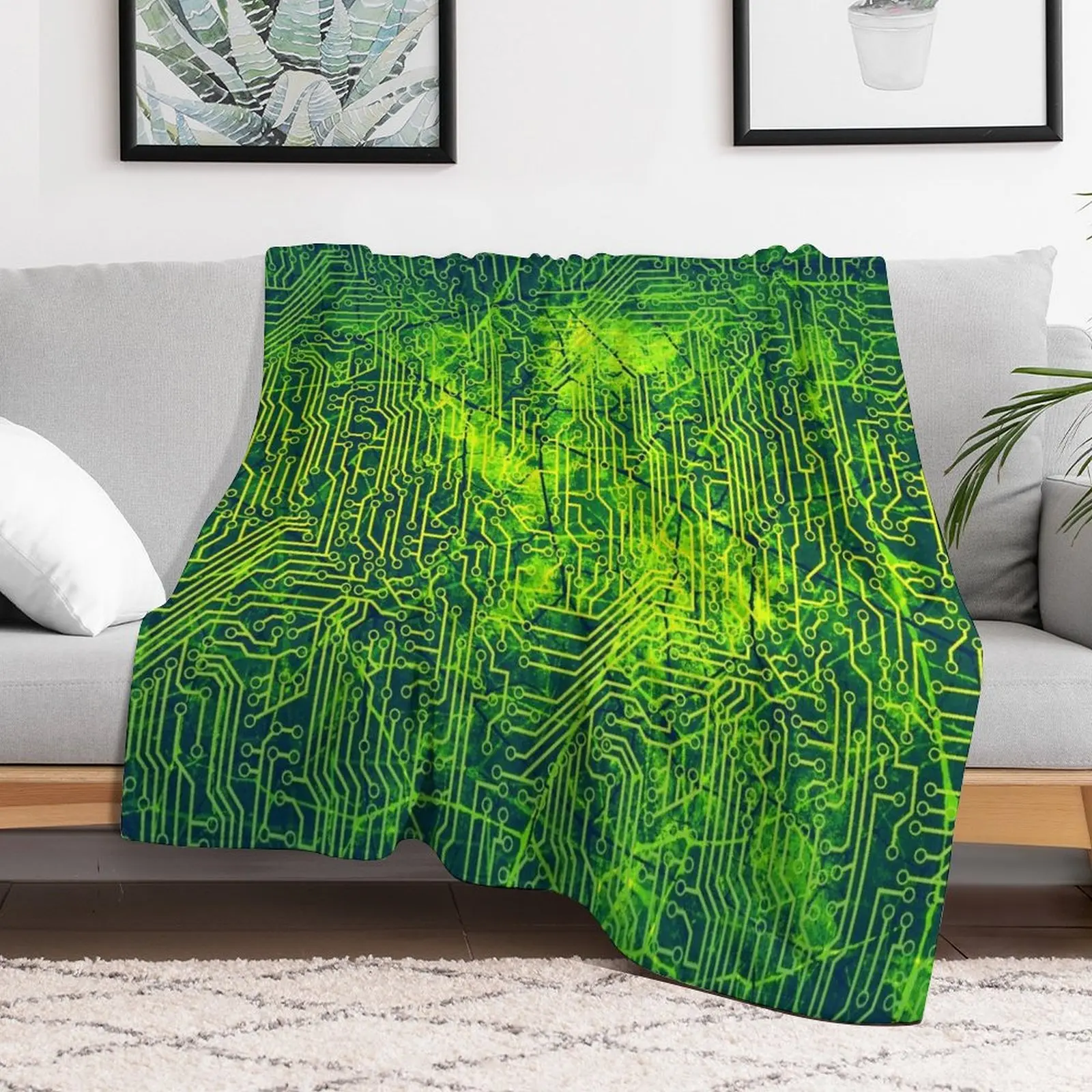Зеленое и желтое светящееся одеяло с текстурой печатной платы Клетчатое для