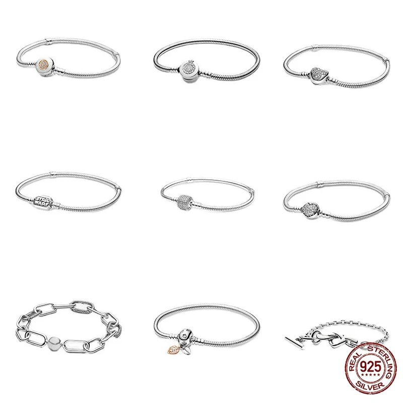 

925 Silver Fit Original Pandora Shining Round Crown Heart-shaped Full Series Simple Snake Bone Chain Personalized Accessories