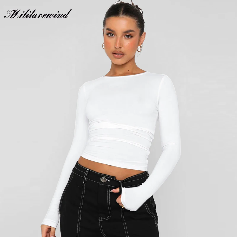 

Женский облегающий Топ с длинным рукавом, повседневный однотонный пуловер с круглым вырезом, рубашка в уличном стиле, весна-лето