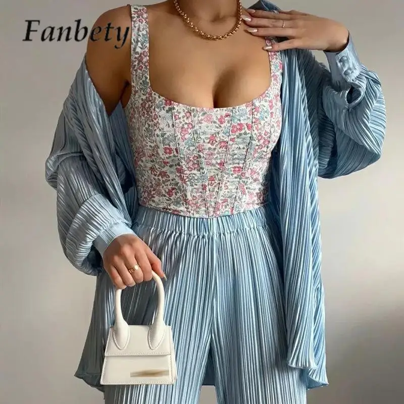 

Fashion Women Solid Color Long Sleeve Top+Pants Set Pleated Lapel Shirt 2 Piece Set Casual Simple High Waist Straight Pants Sets