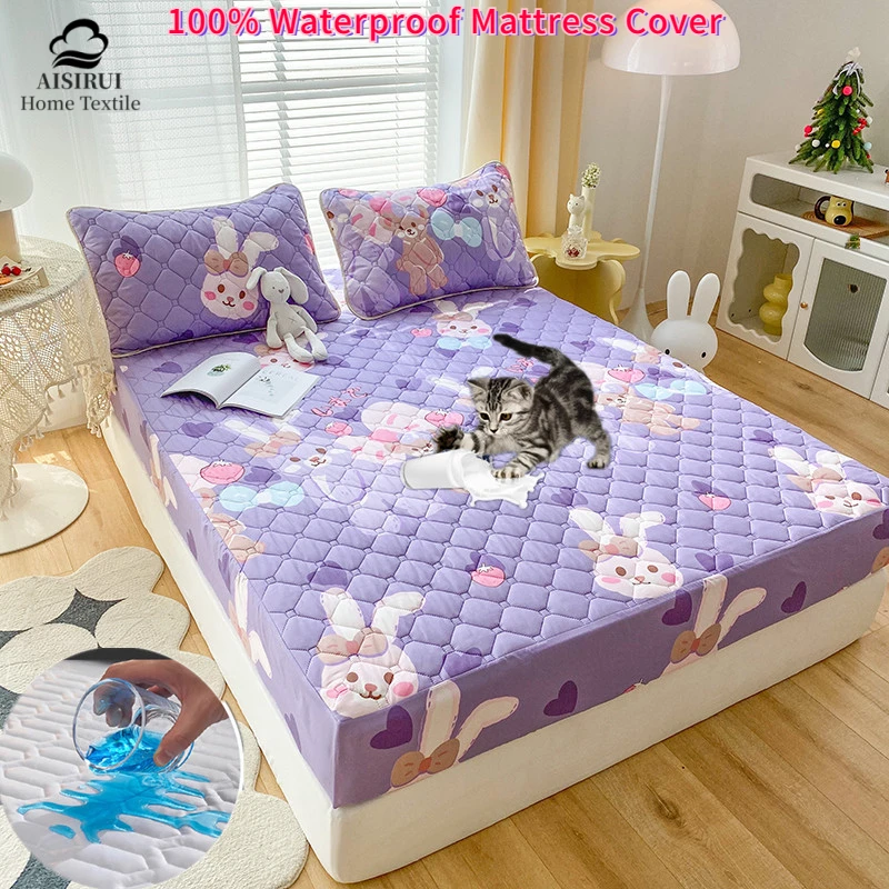 

100% Waterproof Fitted Bed Sheet Breathable Polyester Filling Quilted Mattress Protector for Queen Size Adjustable Non-slip Bed