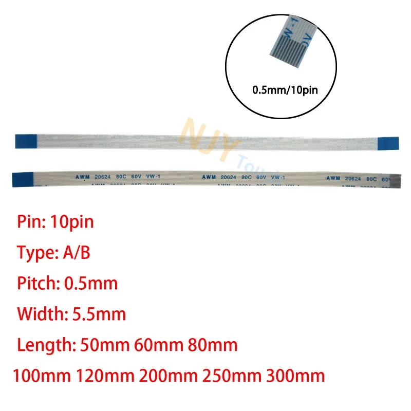 10pin-05mm-pitch-ffc-fpc-awm-20624-80c-60v-vw-1-a-b-type-flat-flexible-cable-60-100-150-200-250-300-400mm