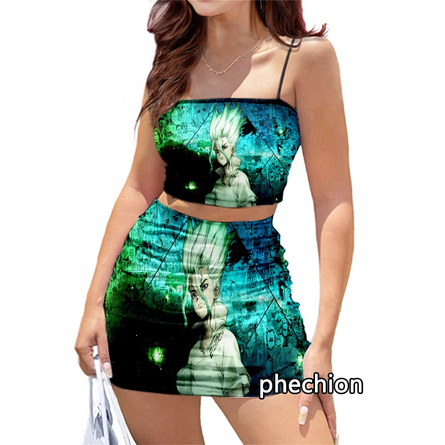 

phechion Fashion 3D Print Dr Stone Art Women Club Outfits Sexy Sling Tube Tops and Short Dress 2pcs Dress Sets K36