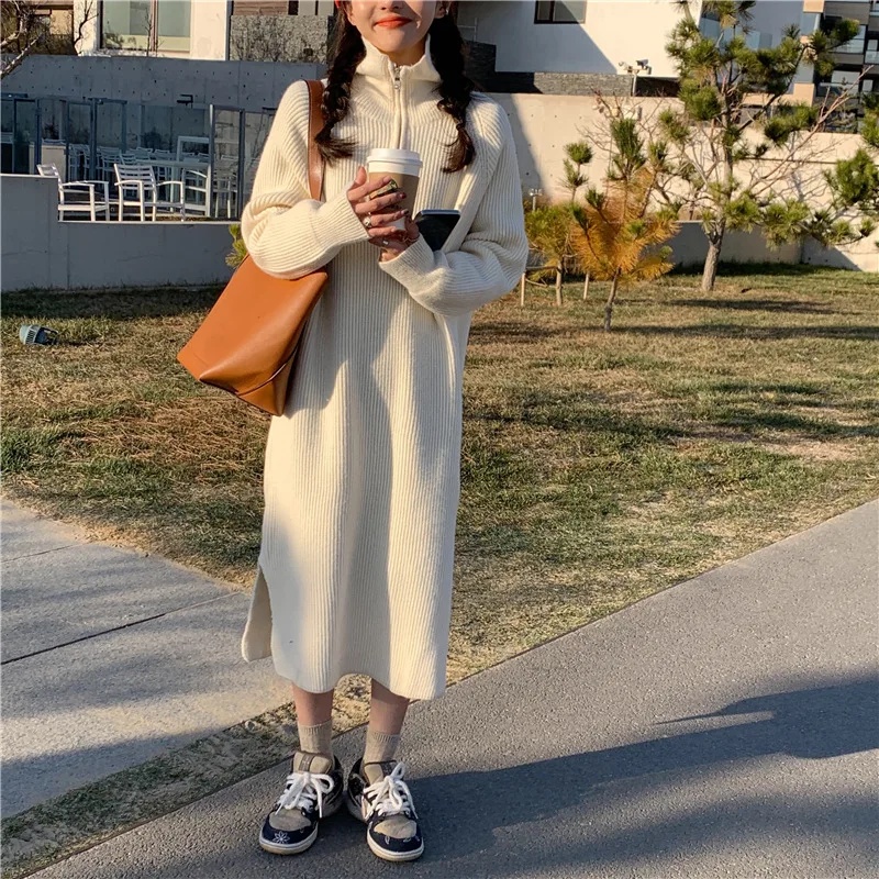 

Женское трикотажное платье на молнии, свободное трикотажное платье средней длины в Корейском стиле, Осень-зима 2021